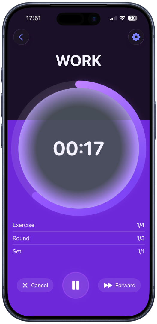 BoxBeat on iPhone showing an active WORK timer with a circular progress ring and countdown