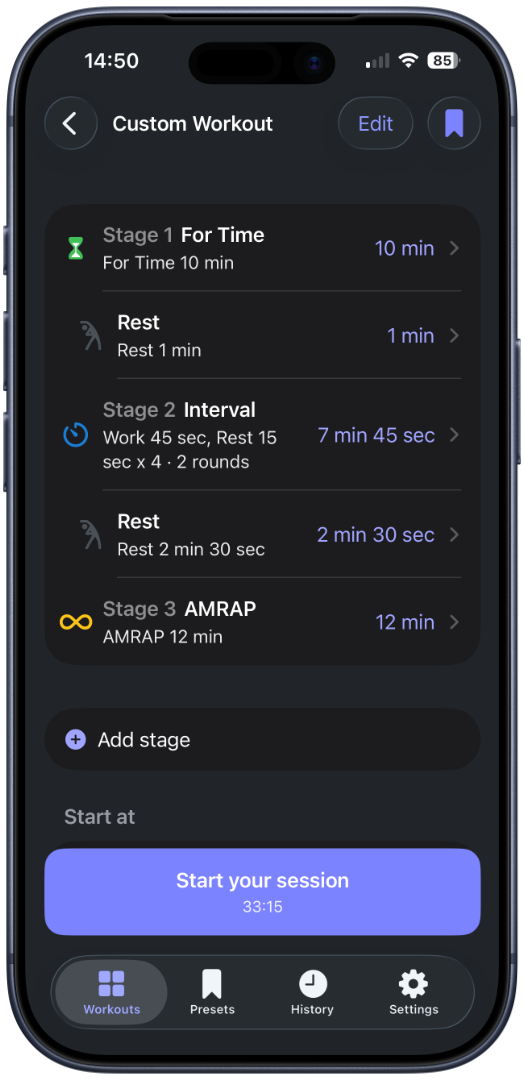 BoxBeat custom multi-stage workout with interval, rest and AMRAP stages