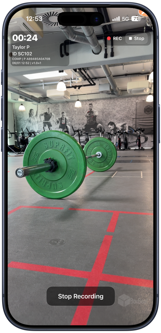 BoxBeat competition recording with live camera feed and embedded workout timing overlay