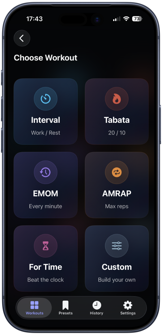 BoxBeat Choose Workout screen showing Interval, Tabata, EMOM, AMRAP, For Time and Custom options