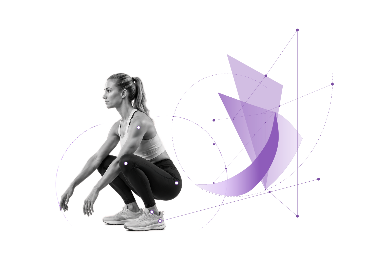 Athlete in a deep squat with tracked joint points over abstract purple geometry.