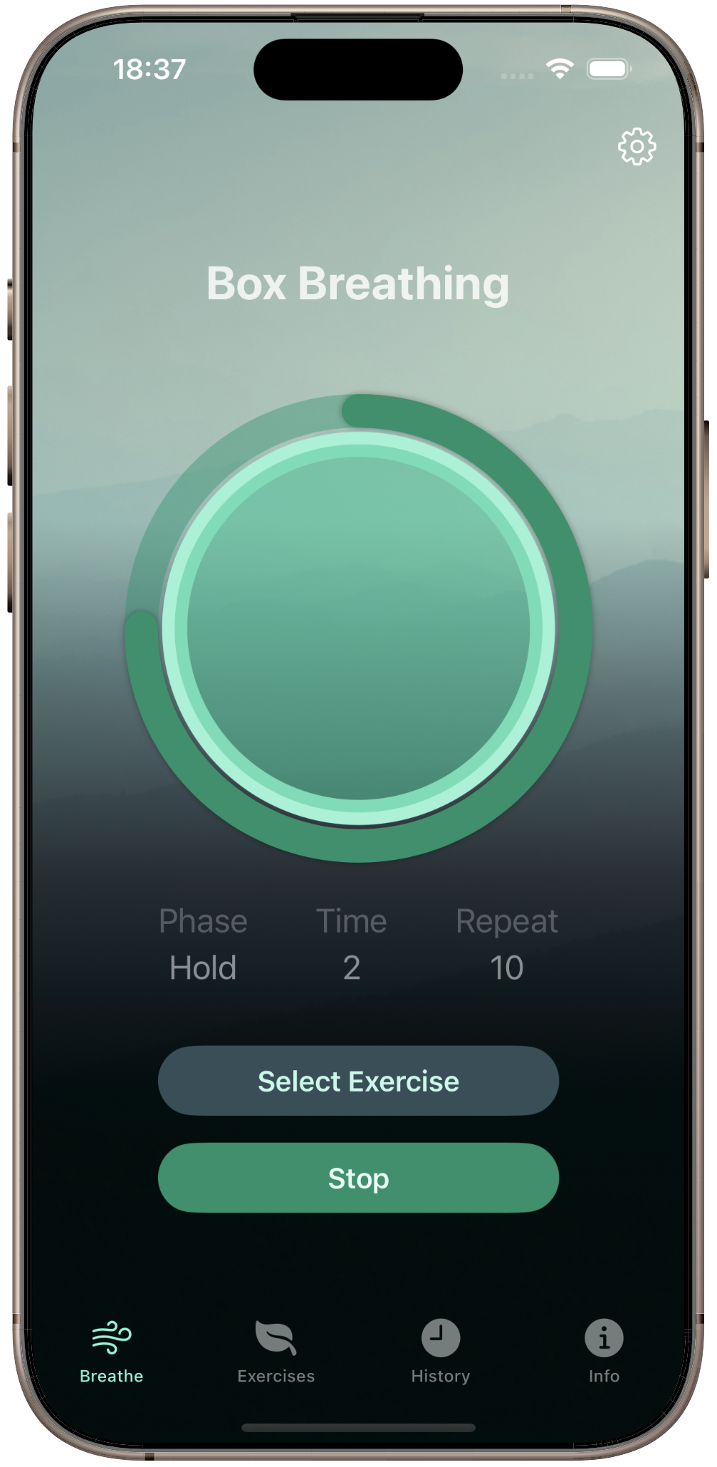 Sinira on iPhone showing an active Box Breathing session with a circular breathing guide