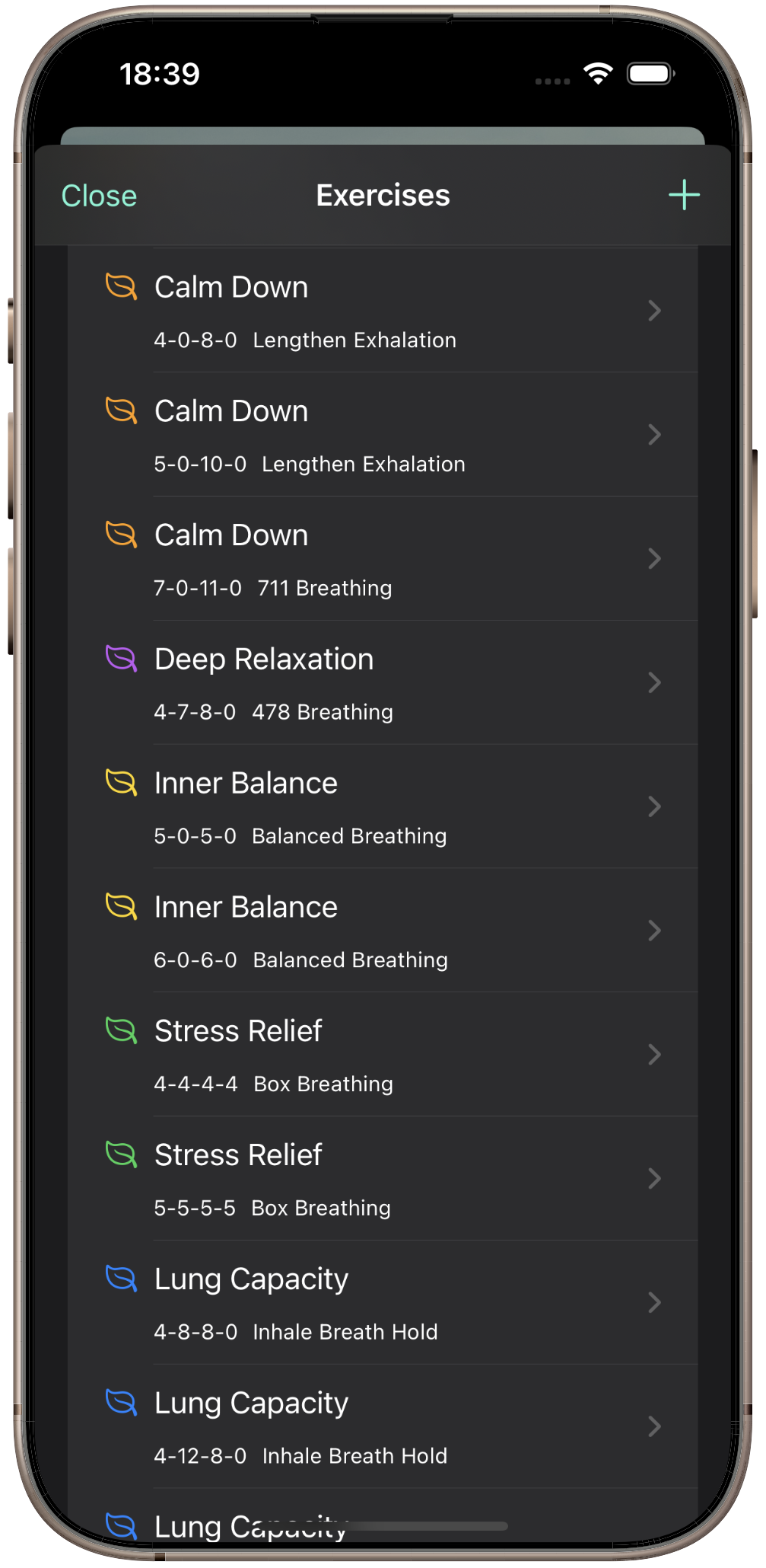 Sinira exercise list with preset breathing exercises organised by category