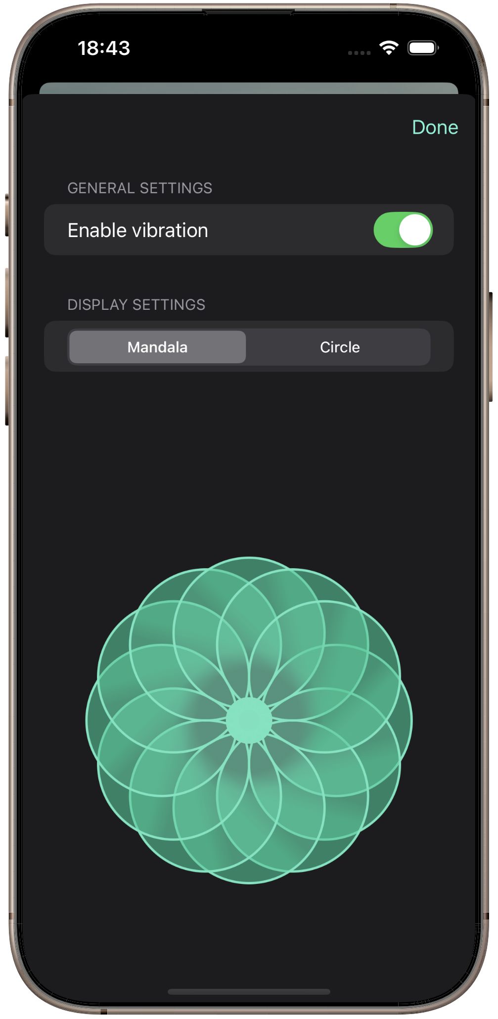 Sinira settings with vibration enabled and the mandala breathing guide selected