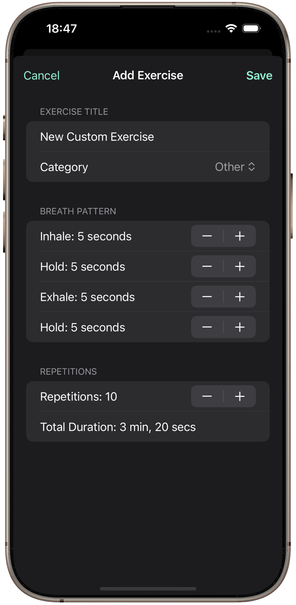 Sinira screen for creating a custom breathing exercise with adjustable timing