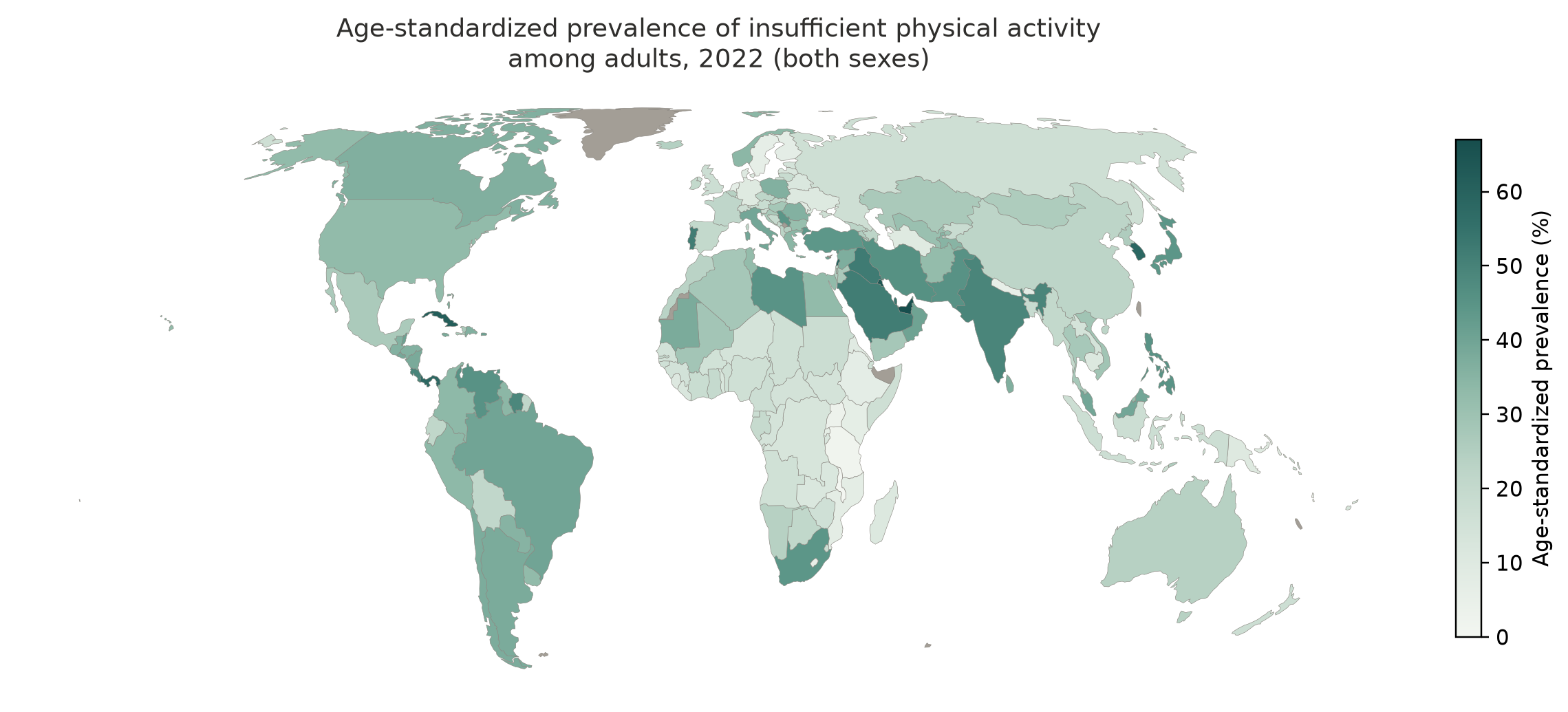World map showing WHO estimates of insufficient physical activity among adults across countries in 2022, both sexes.