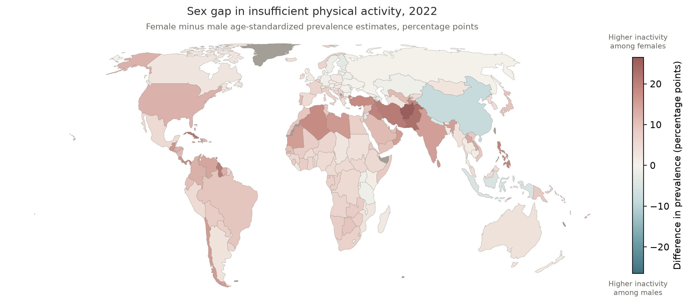 World map showing the difference between female and male WHO estimates of insufficient physical activity in 2022; positive values indicate higher estimates among females and negative values higher estimates among males.