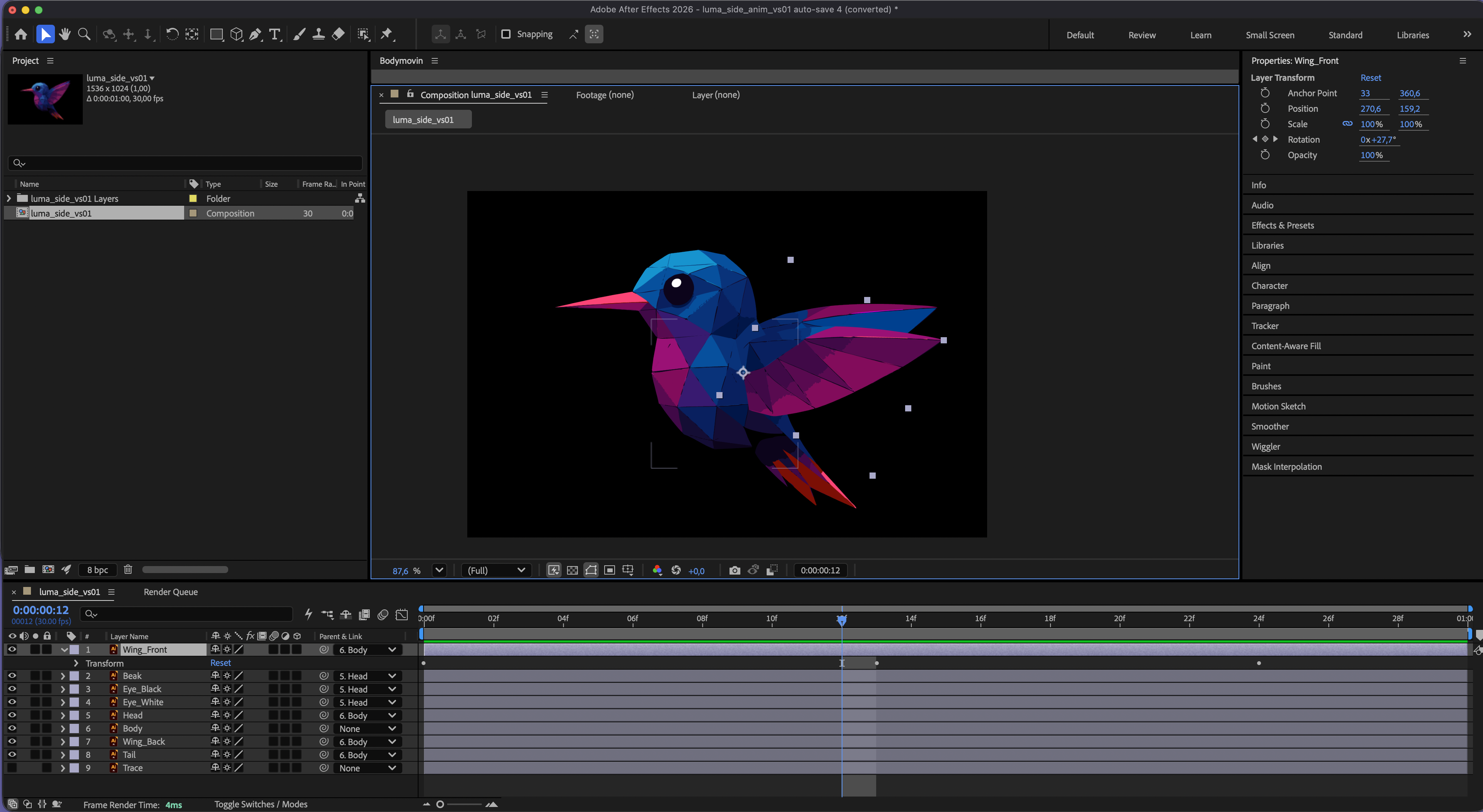 Adobe After Effects workspace showing Luma, separately imported character layers, parent relationships, transform controls, and animation keyframes on the timeline.