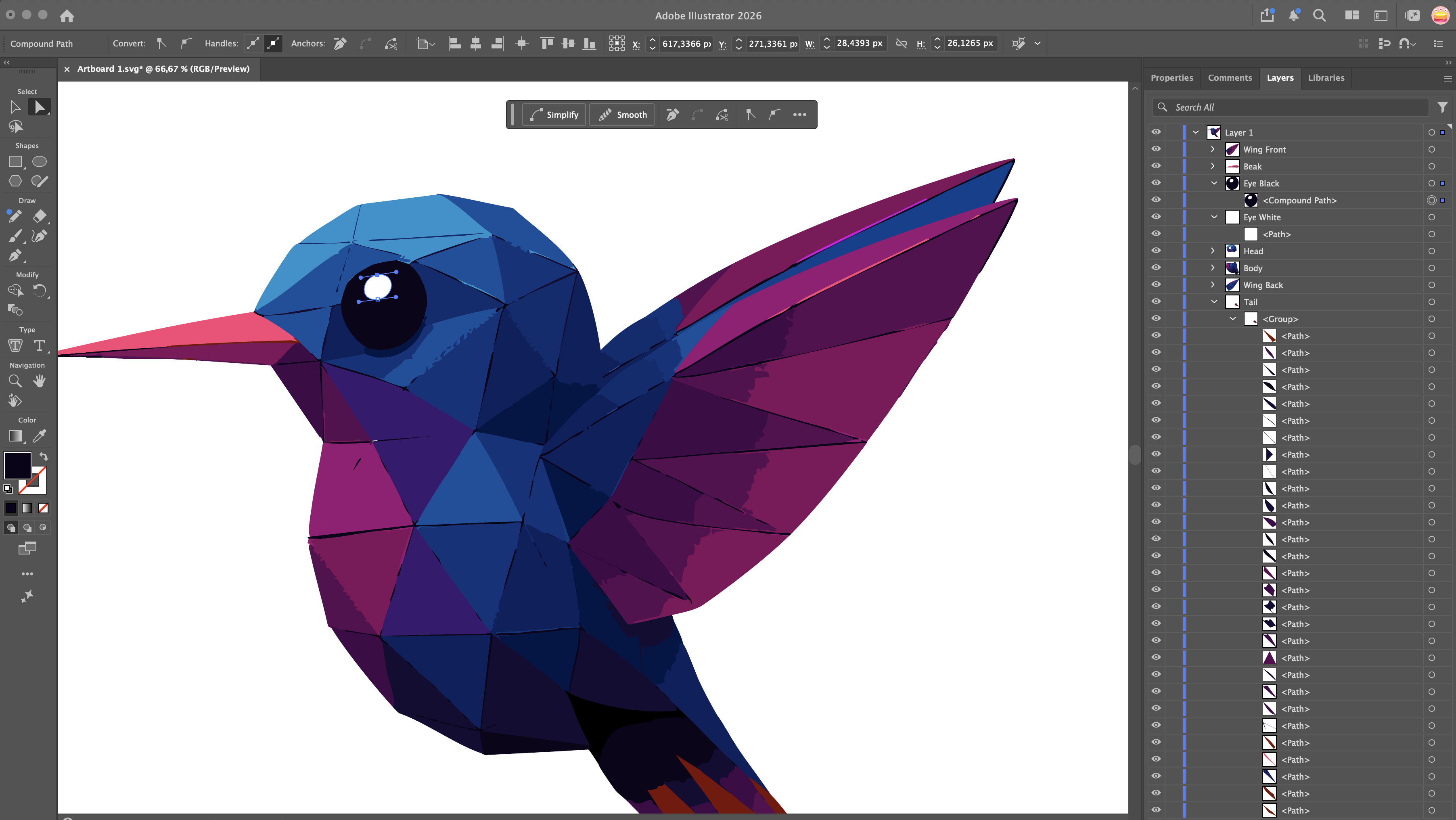 Adobe Illustrator workspace showing Luma reconstructed as vector artwork, with a selected path and an expanded layer structure containing individual character parts.