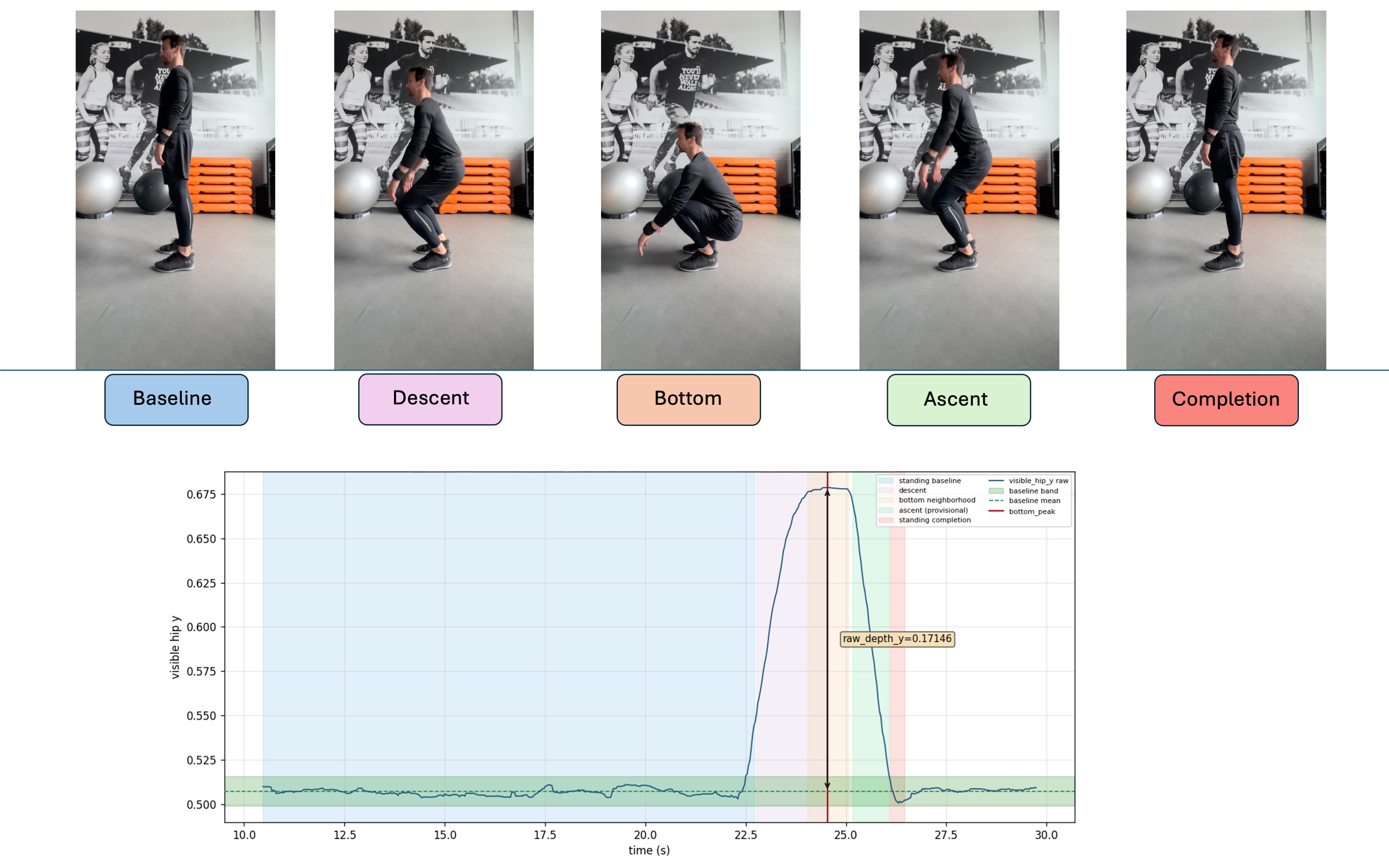 Sequential squat phases above an engineering signal plot marking the movement structure.