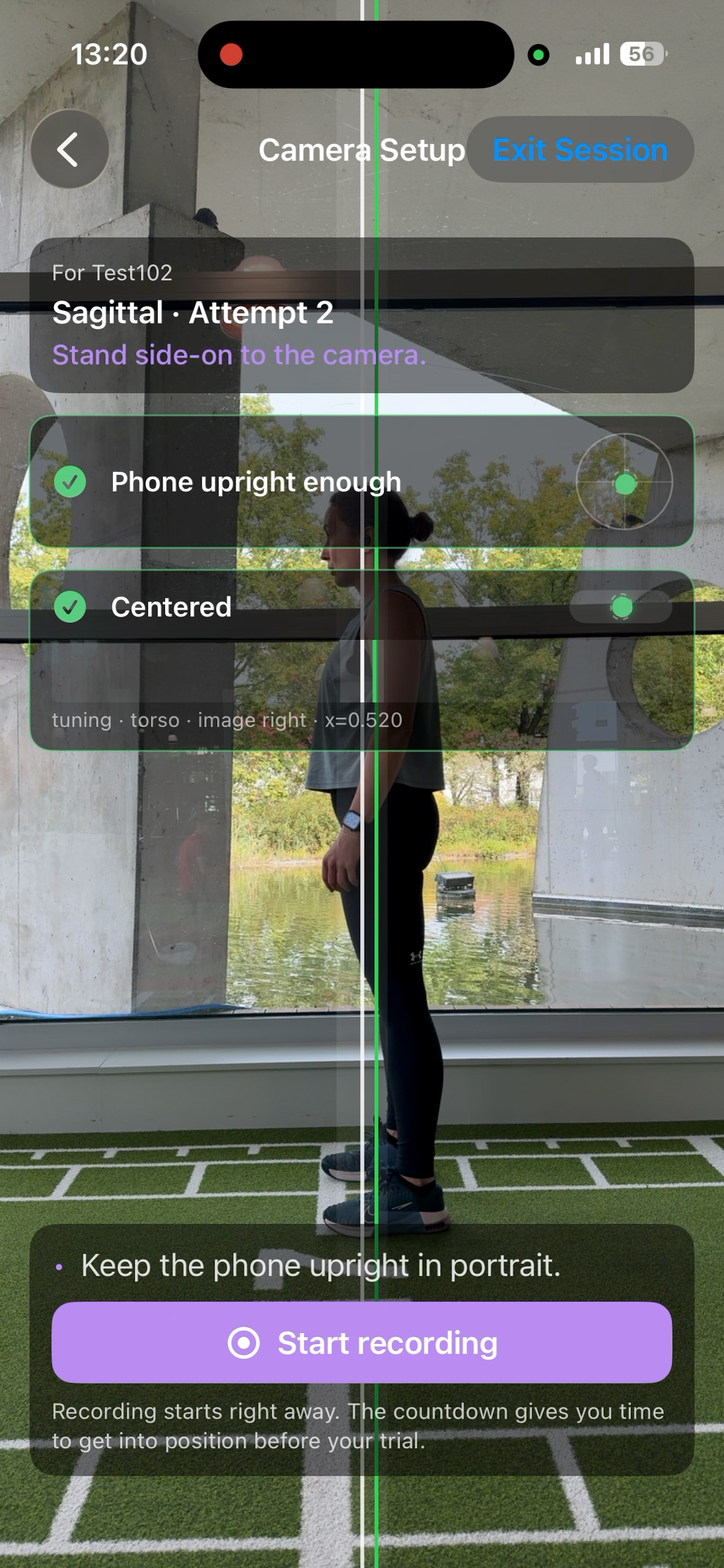 Development Glance camera-setup screen showing visual confirmation that the phone is upright and the participant is centered for a sagittal recording.